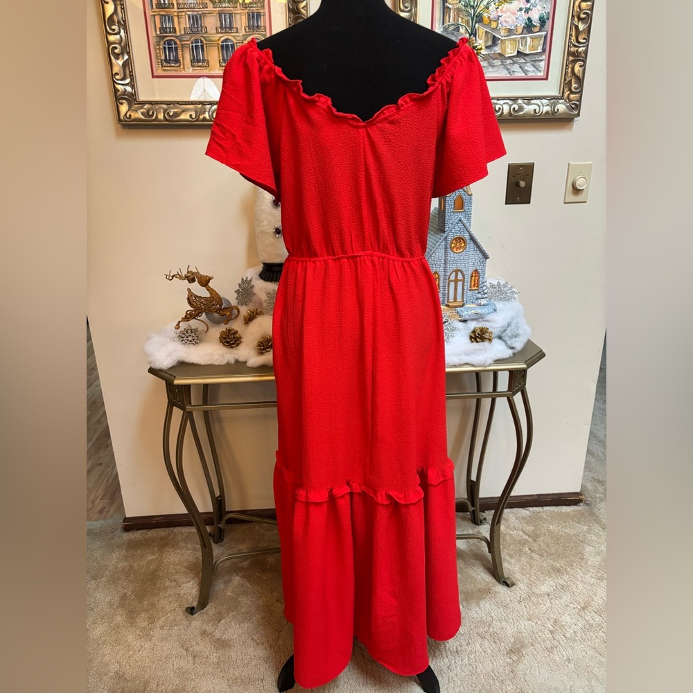 Sofia by Sofia Vergara Vibrant Red Maxi Dress On Off Shoulder Ruffle Trim Size L - Picture 6 of 11